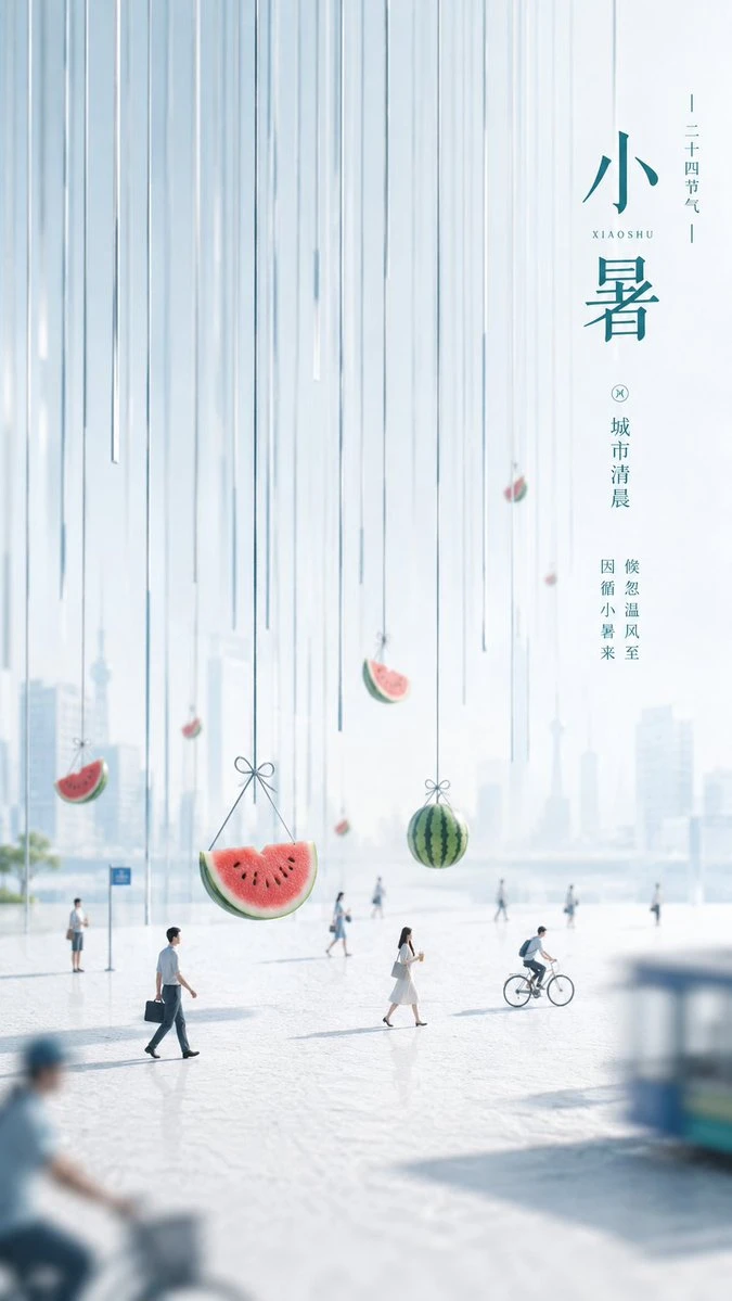 Vertical Xiaoshu watermelon city poster with miniature urban storytelling, Chinese seasonal mood, and fresh summer colors.