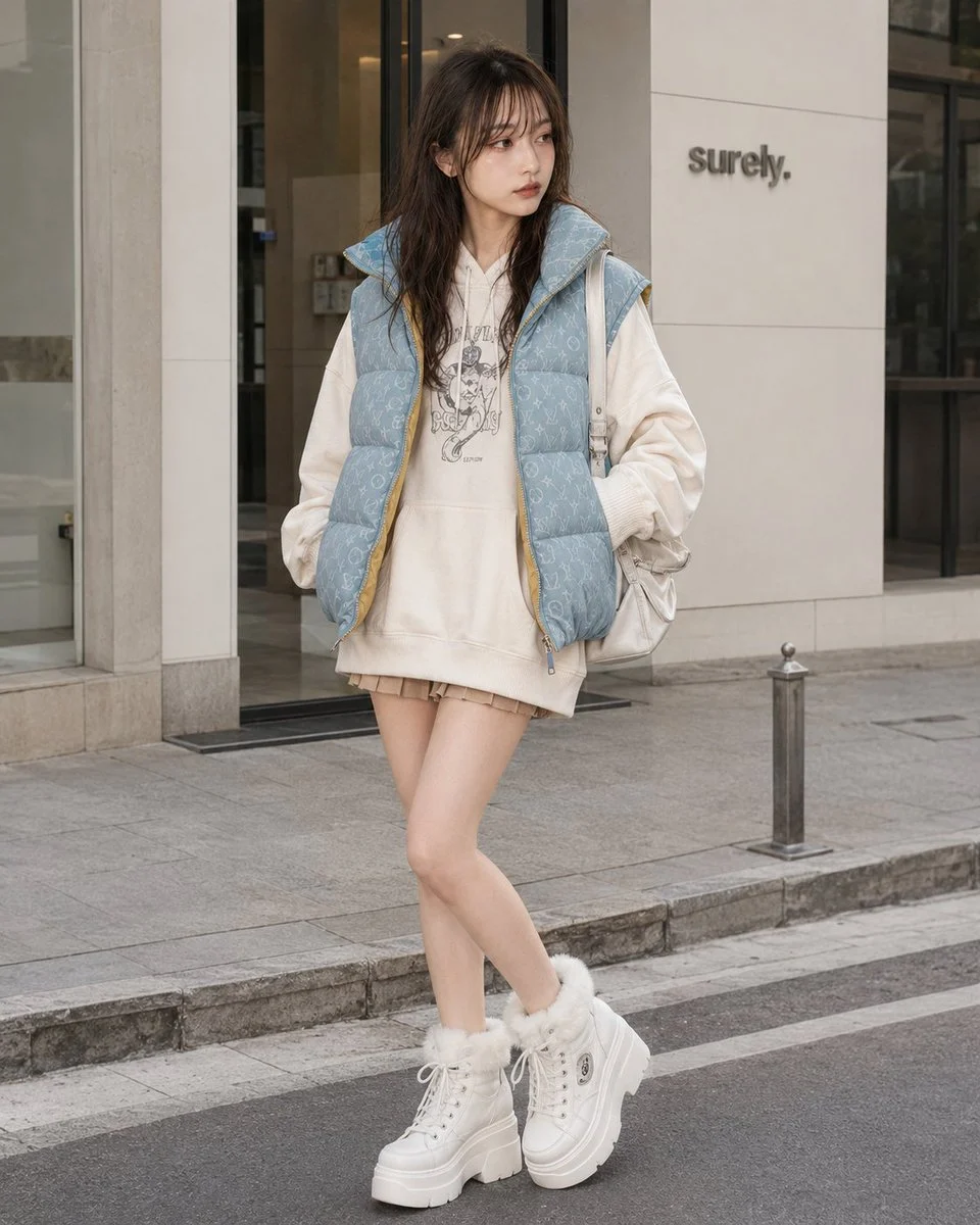 Y2K Casual Street Hoodie Outfit: A stylish Y2K fashion prompt featuring an oversized off-white hoodie, a monogrammed puffer vest, and platform sneakers.