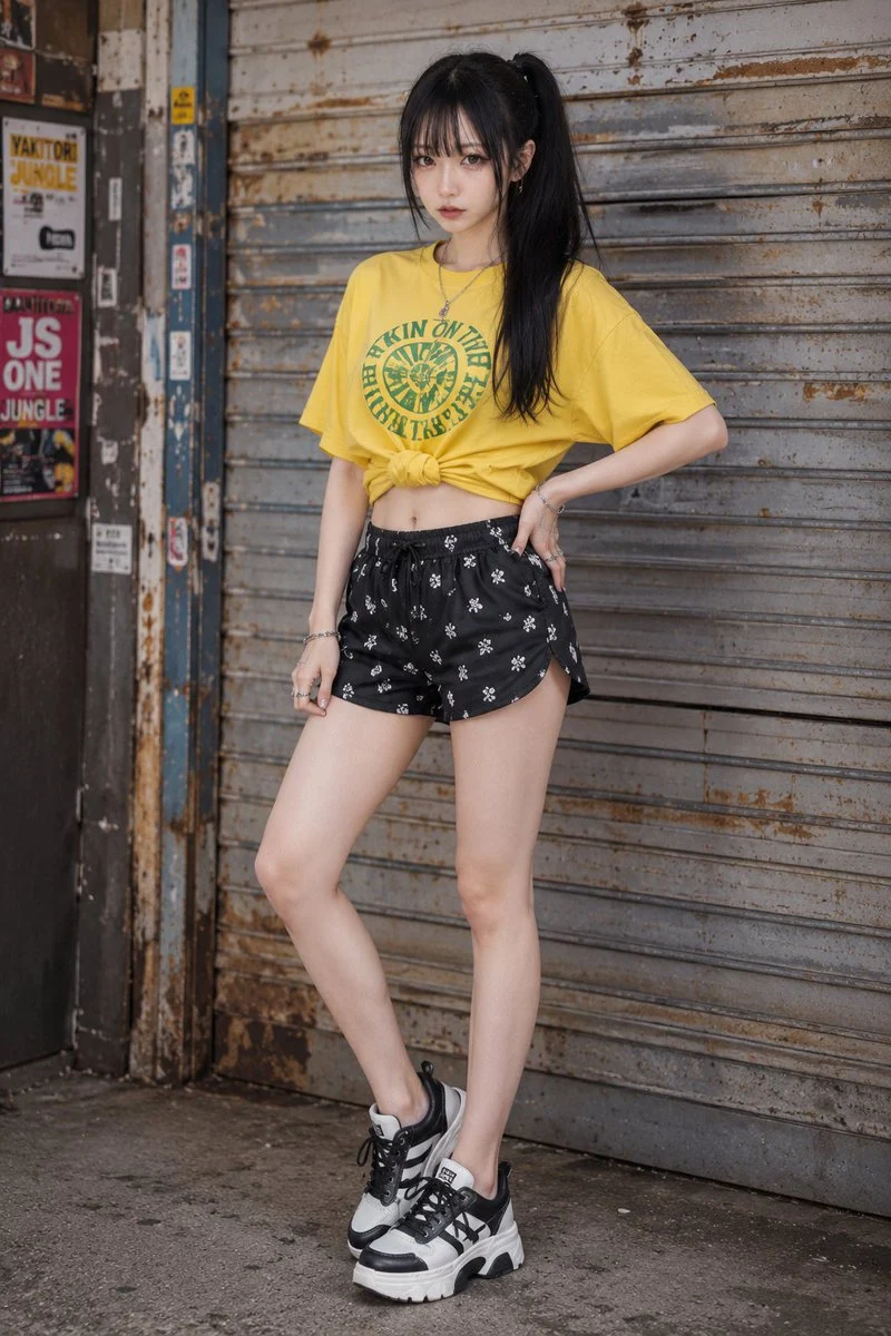 Y2K Casual Summer Streetwear: A highly detailed prompt for a vibrant Y2K summer street outfit featuring a yellow jersey T-shirt, chunky sneakers, and...