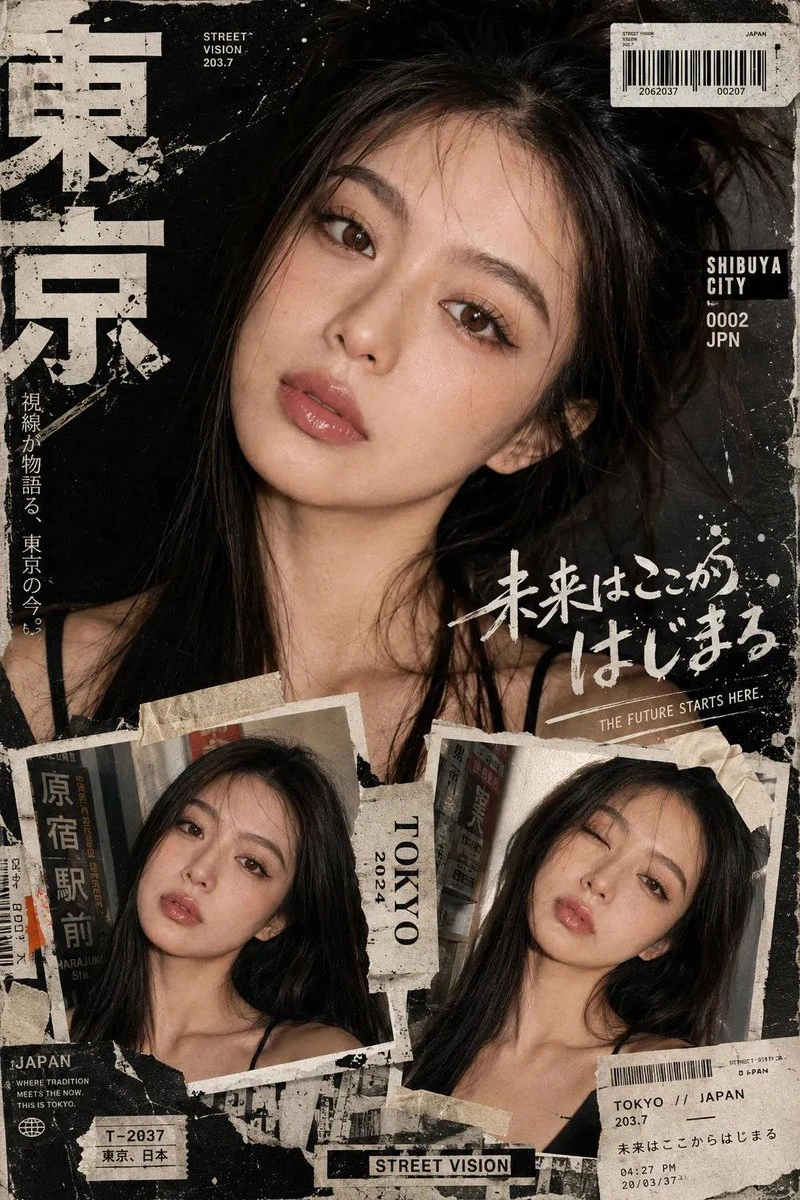 A young woman with long dark hair poses against a textured black background, featuring torn magazine cutouts and Japanese text in a Y2K street editorial style