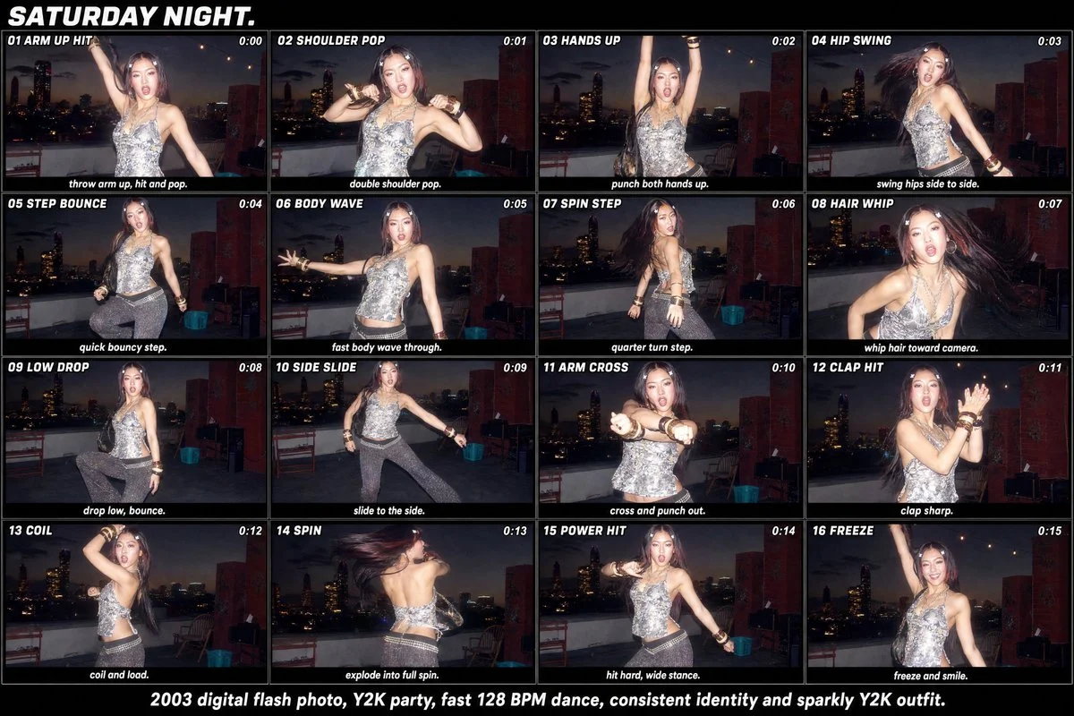 Y2K Rooftop Dance Tutorial Sheet with structured labels, readable hierarchy and presentation-ready information design