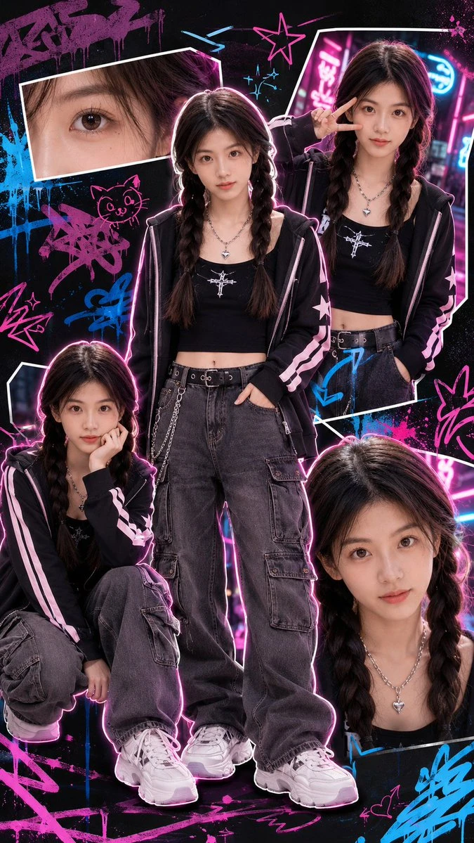 A collage of a person in Y2K streetwear with neon graffiti and a black grunge background.