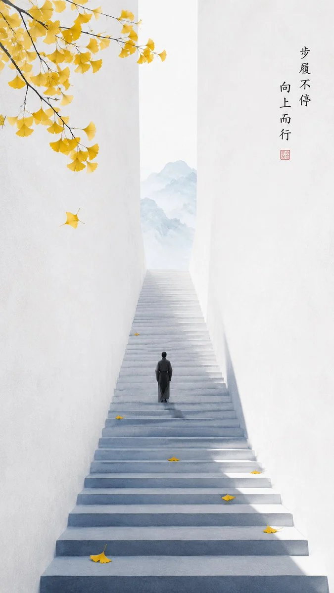 Zen Minimalist Autumn Staircase Poster: A highly detailed prompt for a Zen-inspired minimalist poster featuring a solitary figure climbing a long...