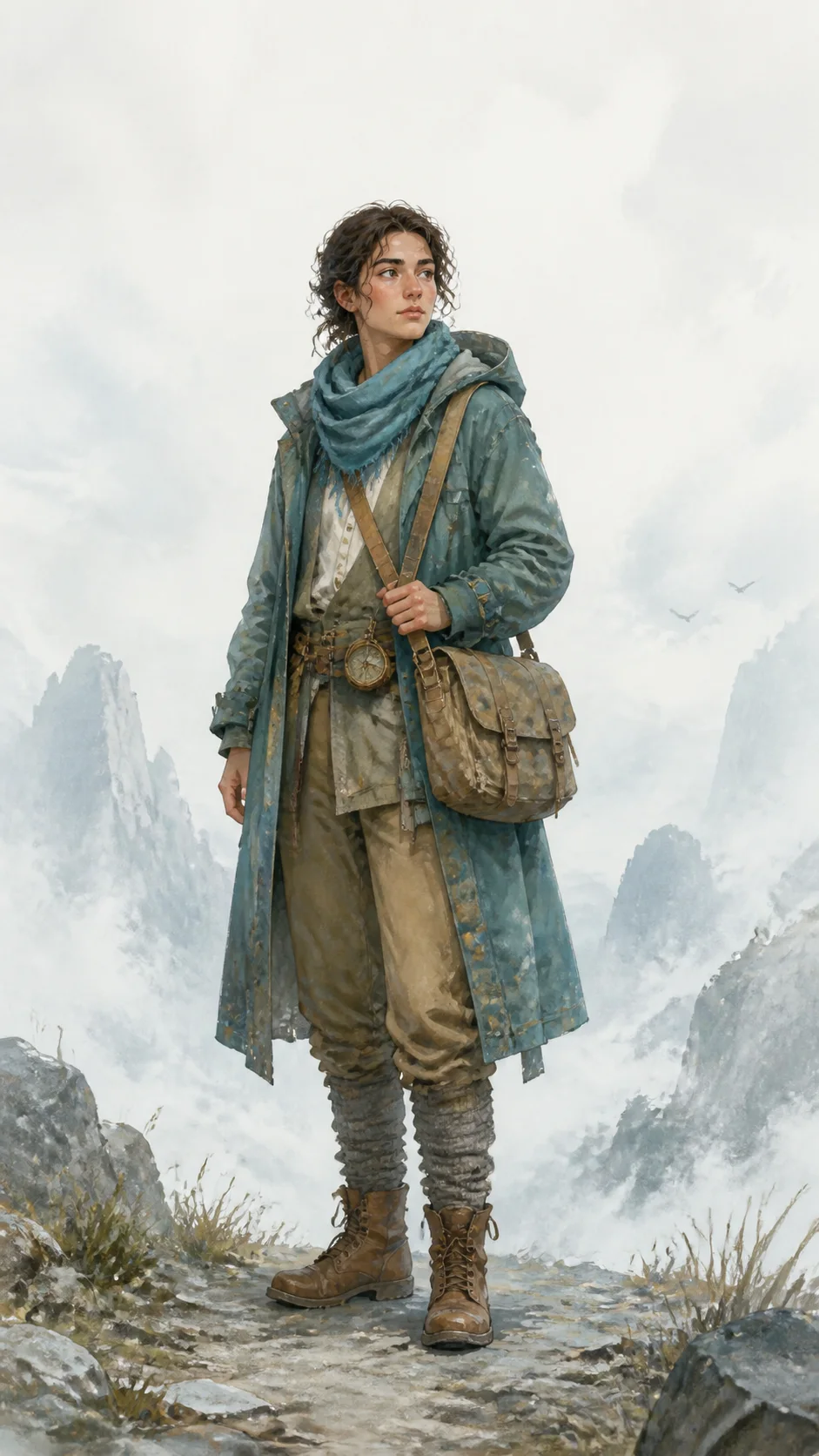 Hand-painted character illustration of an explorer in a layered teal coat generated by Grok Imagine Image 2.0