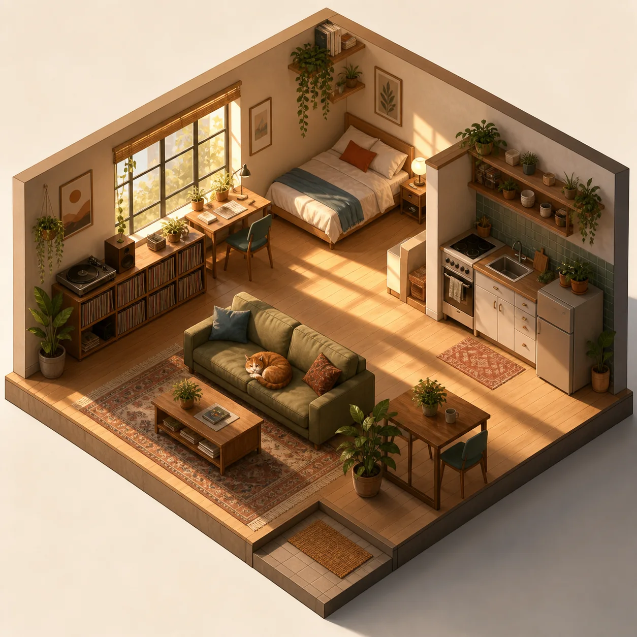 Isometric cutaway illustration of a sunlit studio apartment generated by Grok Imagine Image 2.0