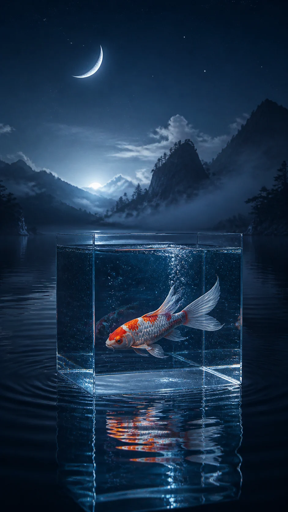 Luminous koi swimming inside a glass cube above a moonlit lake generated by Grok Imagine Image 2.0