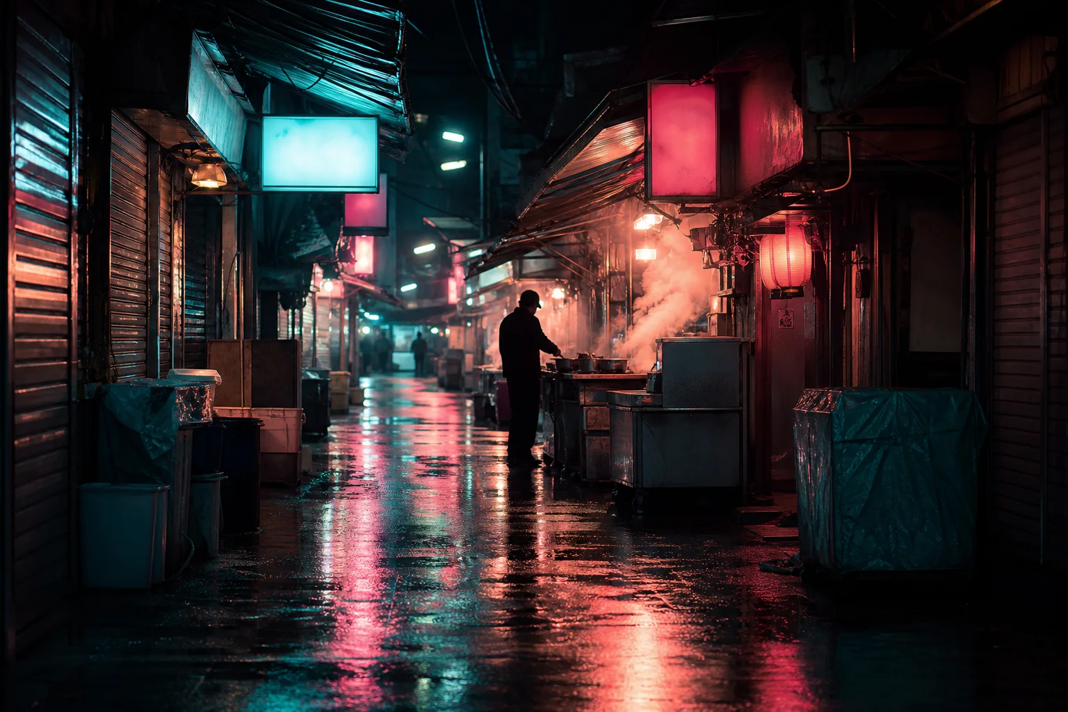 Rain-slicked neon night market alley with steam rising from a food stall generated by Grok Imagine Image 2.0