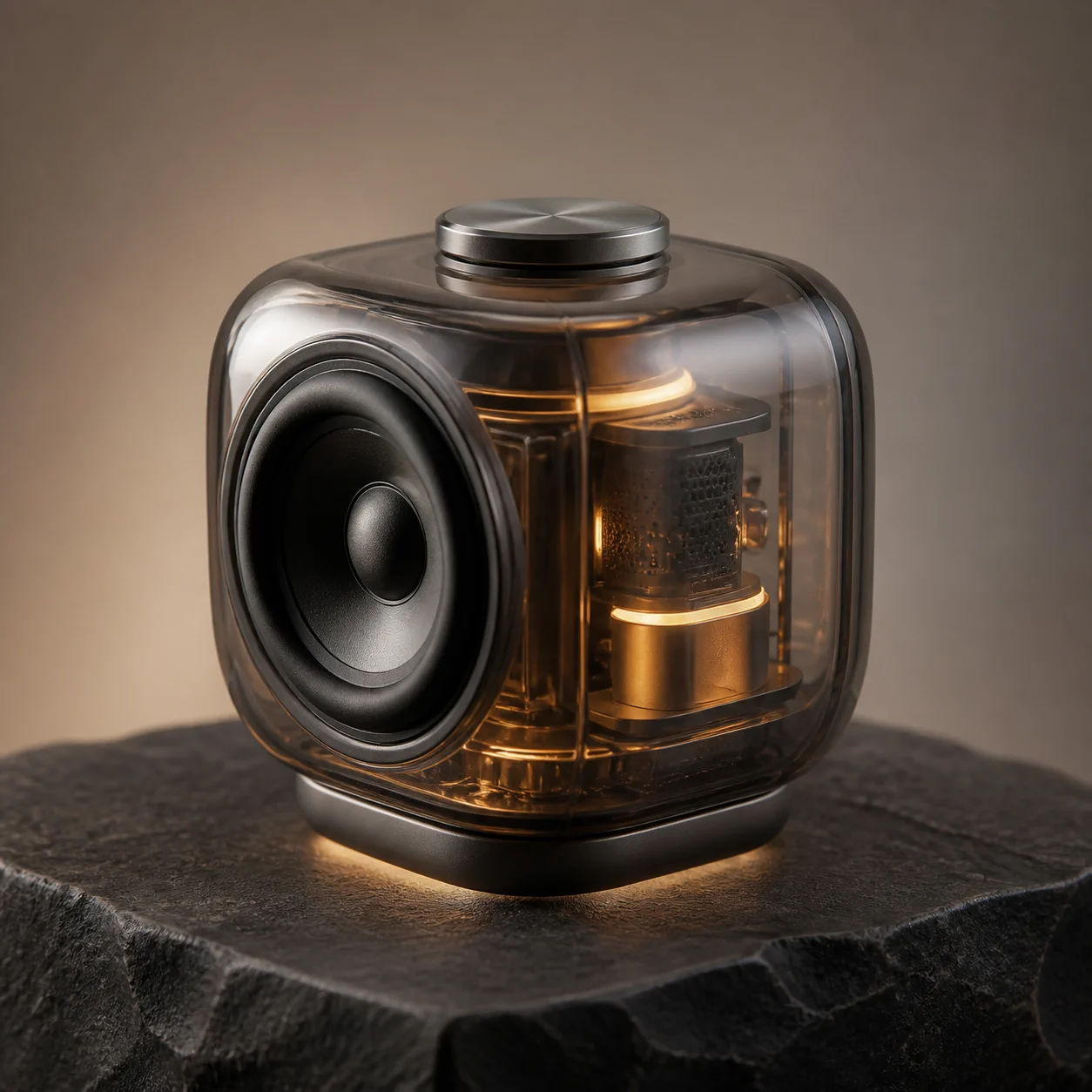 Translucent portable speaker on a dark stone pedestal generated by Grok Imagine Image 2.0