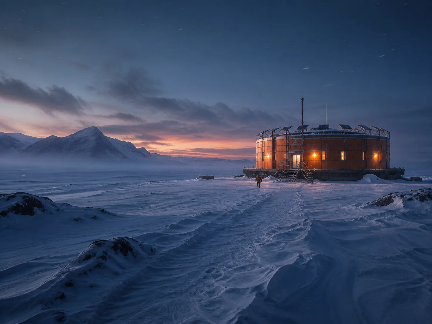Polar research station glowing at dusk beside a distant figure generated by Image 2