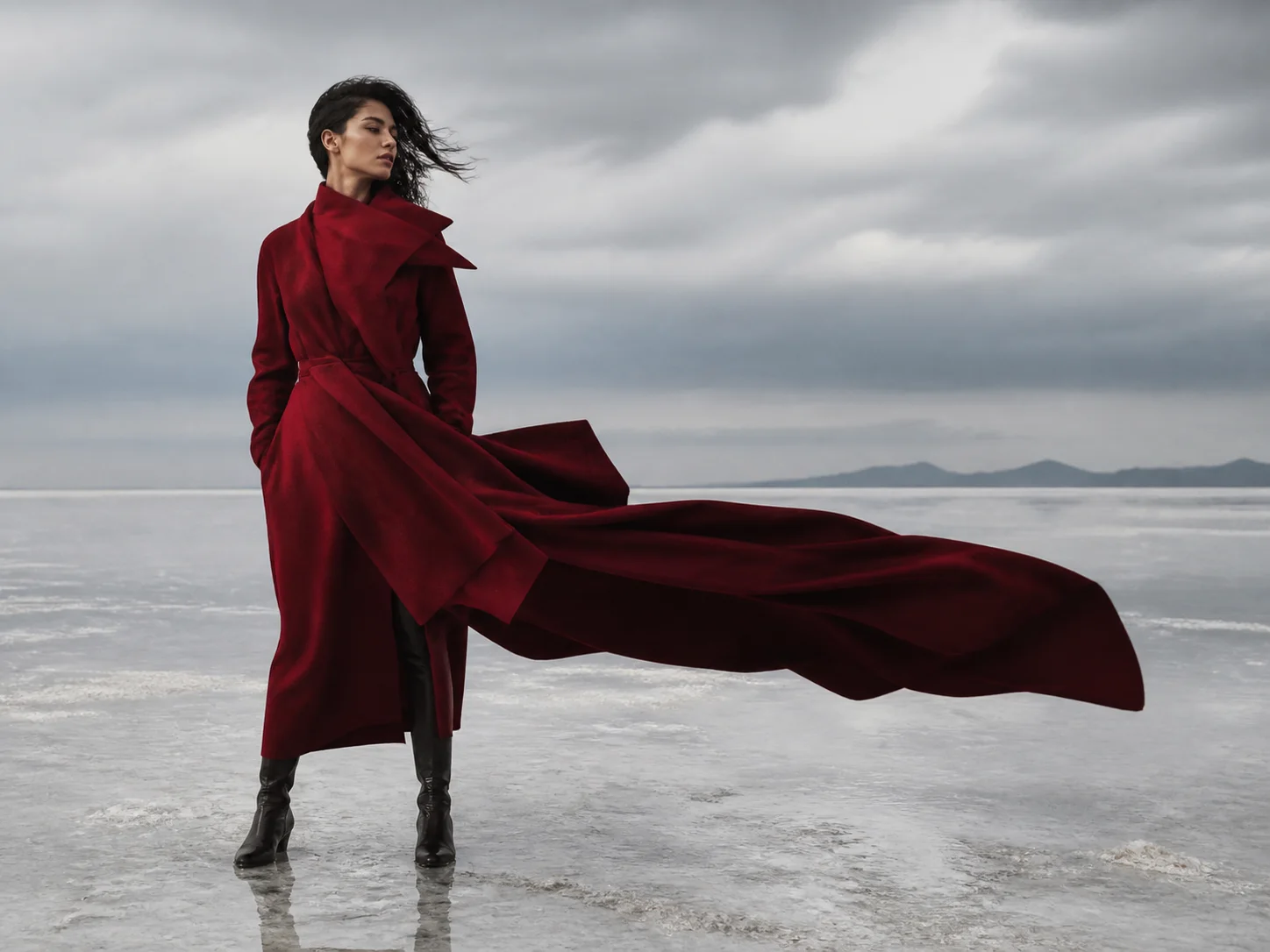 Model in a crimson architectural coat standing on a salt flat generated by Image 2