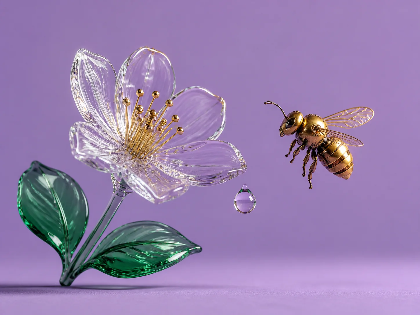 Glass flower paired with a brass mechanical bee on lavender generated by Image 2