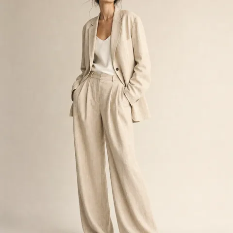 Tenue du modèle remplacée par un costume en lin beige depuis une référence
