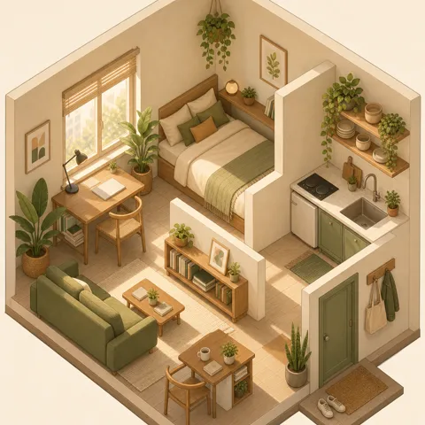 Pièce redessinée en illustration 3D isométrique chaleureuse
