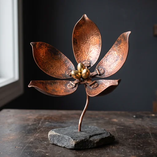 Hammered copper seed-pod sculpture with three brass seeds made with Nano Banana 2.1