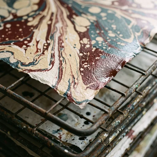 Freshly marbled red and teal paper drying on a metal rack made with Nano Banana 2.1
