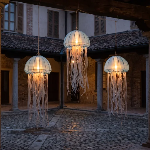 Three translucent jellyfish-shaped fabric lanterns in a covered courtyard made with Nano Banana 2.1