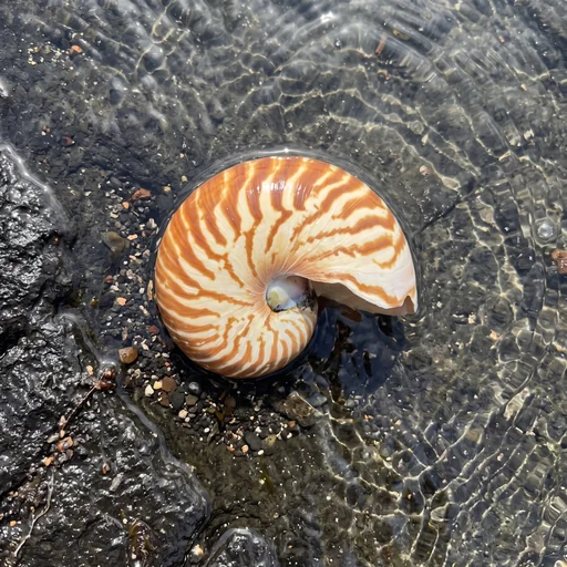 Pearlescent nautilus shell under clear shallow water made with Nano Banana 2.1