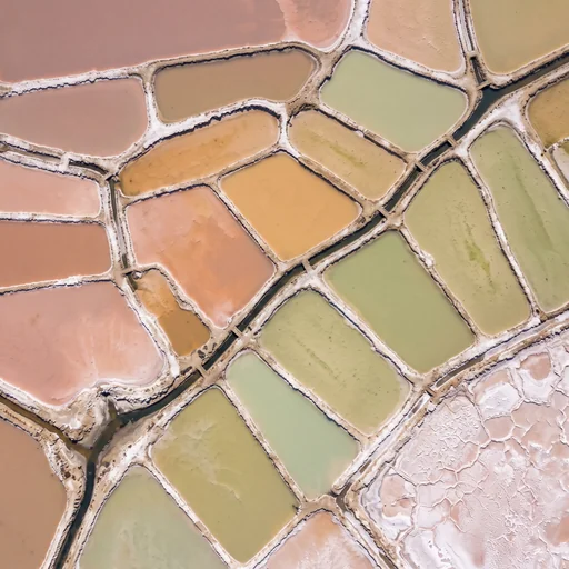 Overhead view of pastel mineral salt ponds made with Nano Banana 2.1