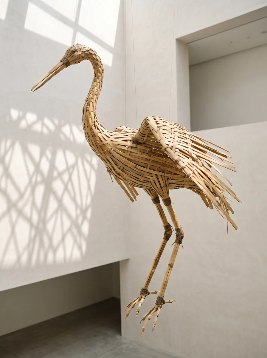 Woven bamboo crane sculpture suspended in a sunlit atrium made with Nano Banana 2.1