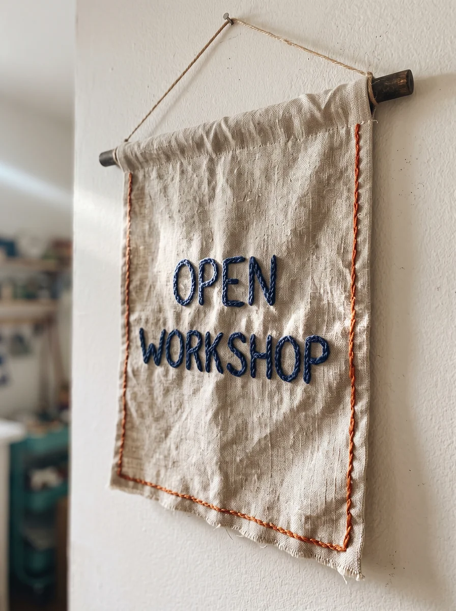 Linen banner with raised OPEN WORKSHOP embroidery made with Nano Banana 2.1