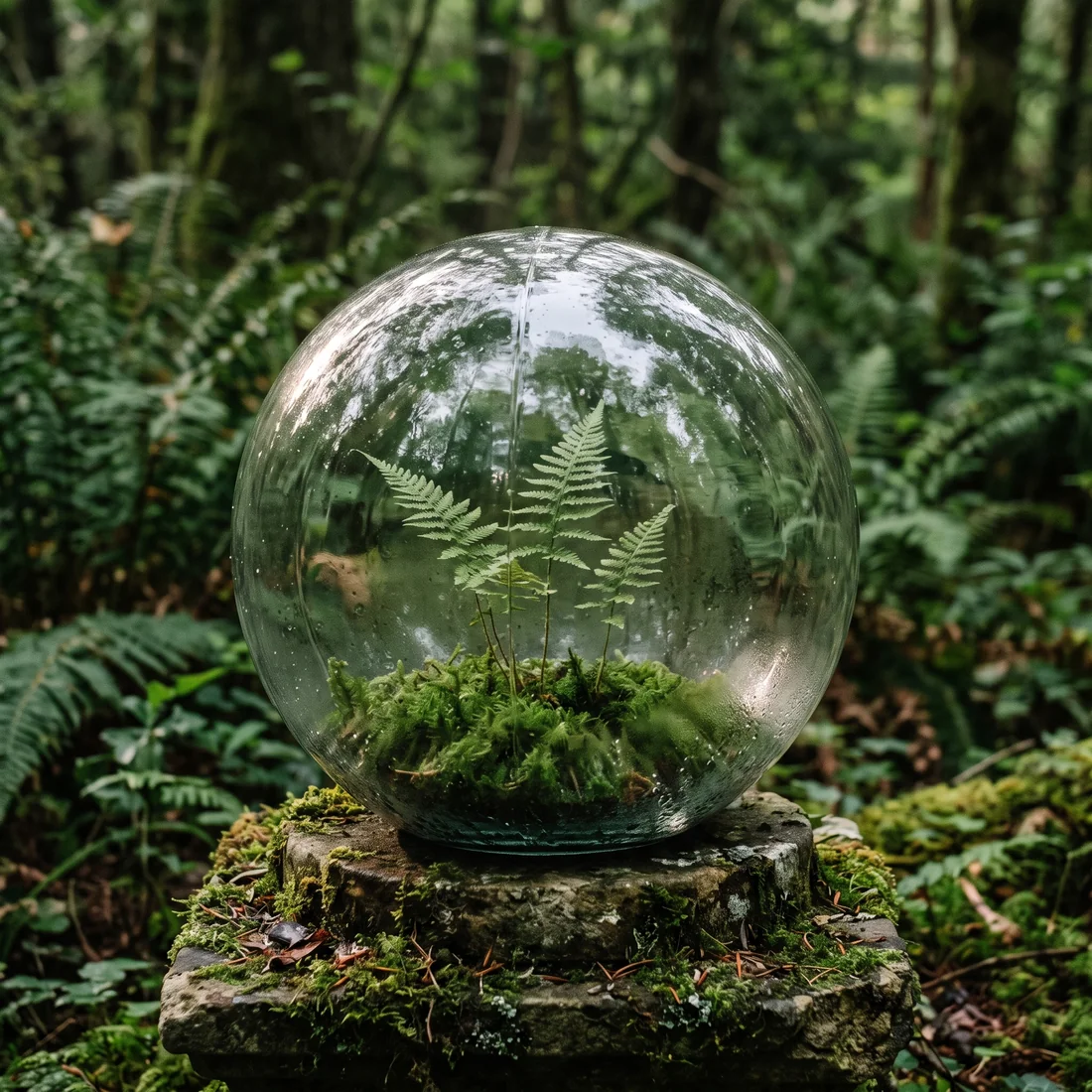Fern fronds and moss inside a hand-blown glass sphere made with Nano Banana 2.1