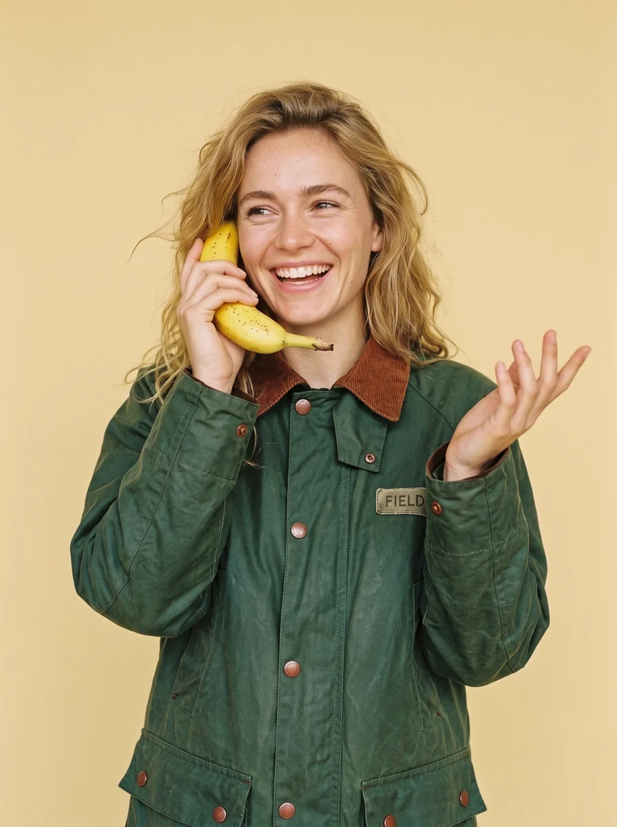 Laughing woman wearing a green waxed field jacket after a reference edit with Nano Banana 2.1