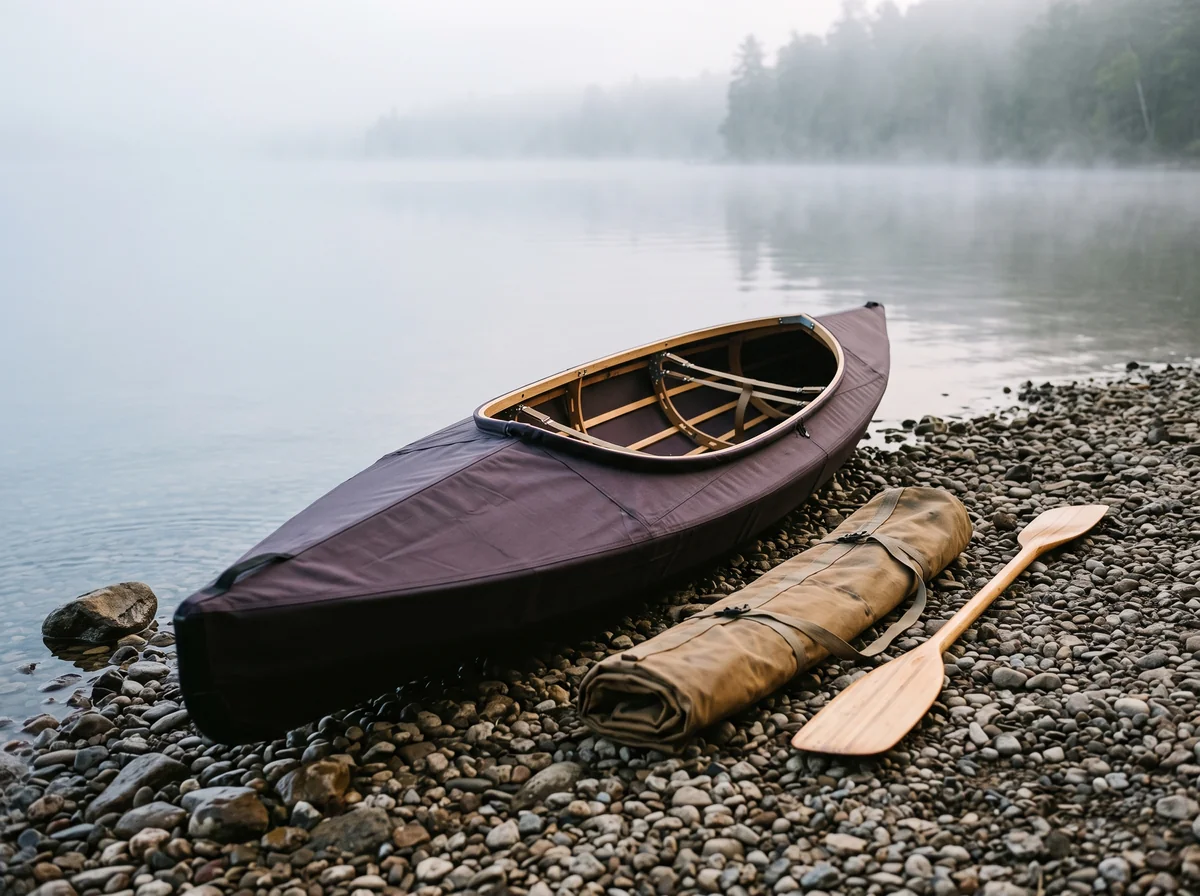 Plum fabric folding kayak with visible wooden ribs on a misty lakeshore made with Nano Banana 2.1