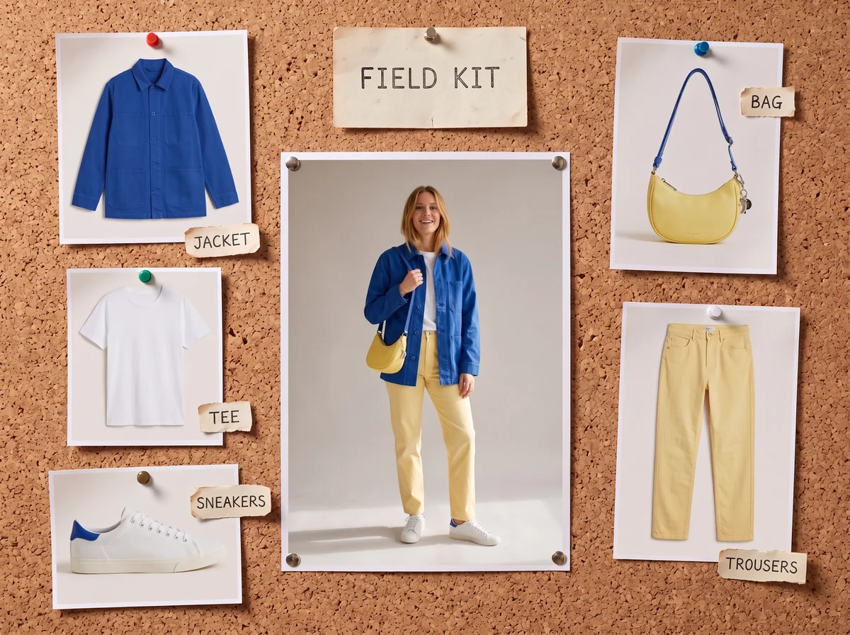 Corkboard of a blue and yellow outfit with five labeled garment photographs made with Nano Banana 2.1