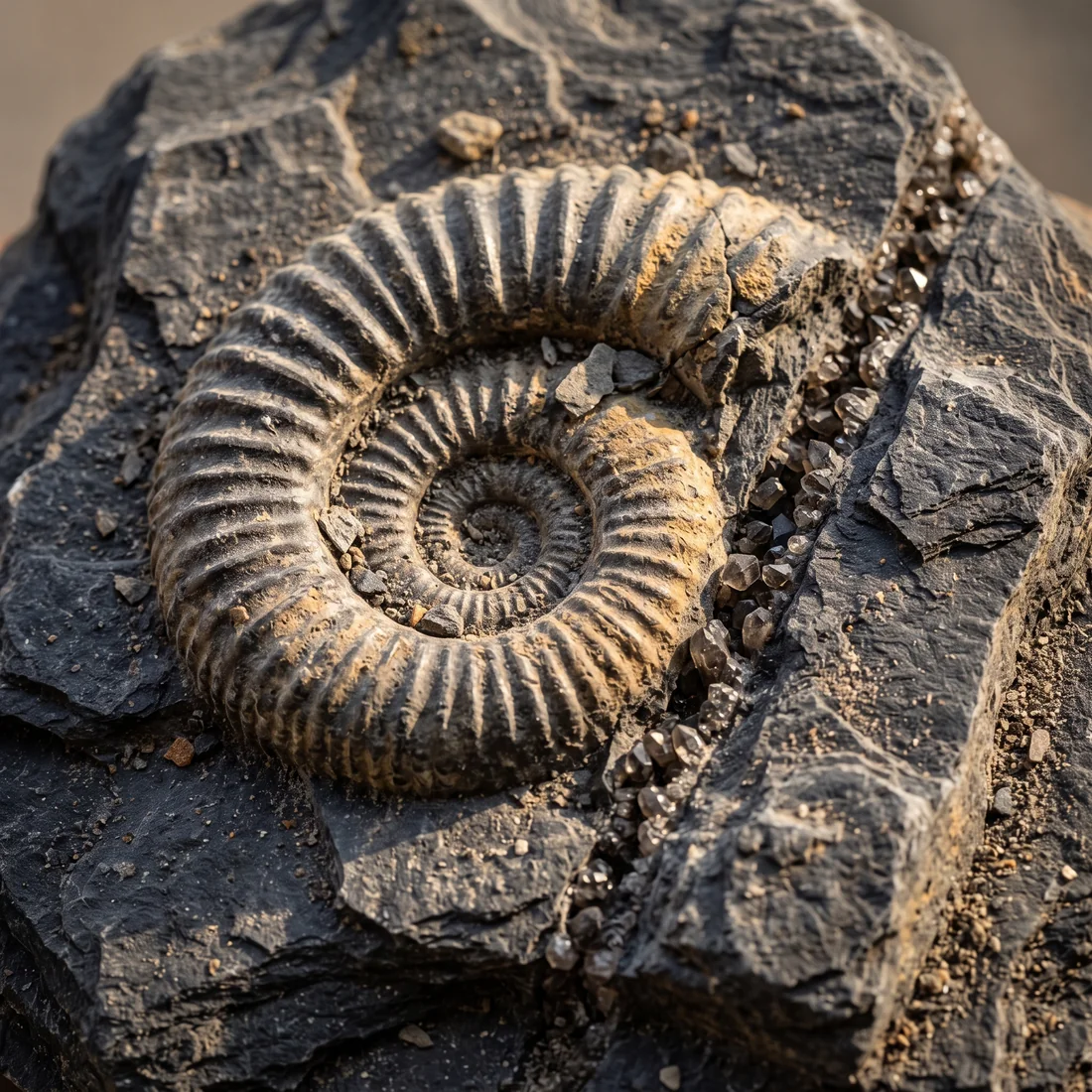 Ammonite fossil embedded in dark layered stone beside crystals made with Nano Banana 2.1