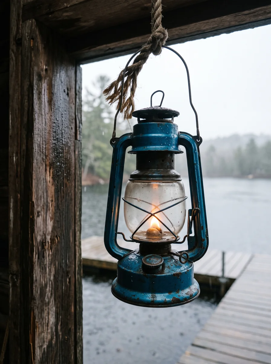 Blue enamel storm lantern with a warm flame at a wet boathouse door made with Nano Banana 2.1