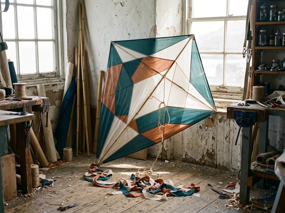 Geometric teal and copper kite with visible spars and seams made with Nano Banana 2.1