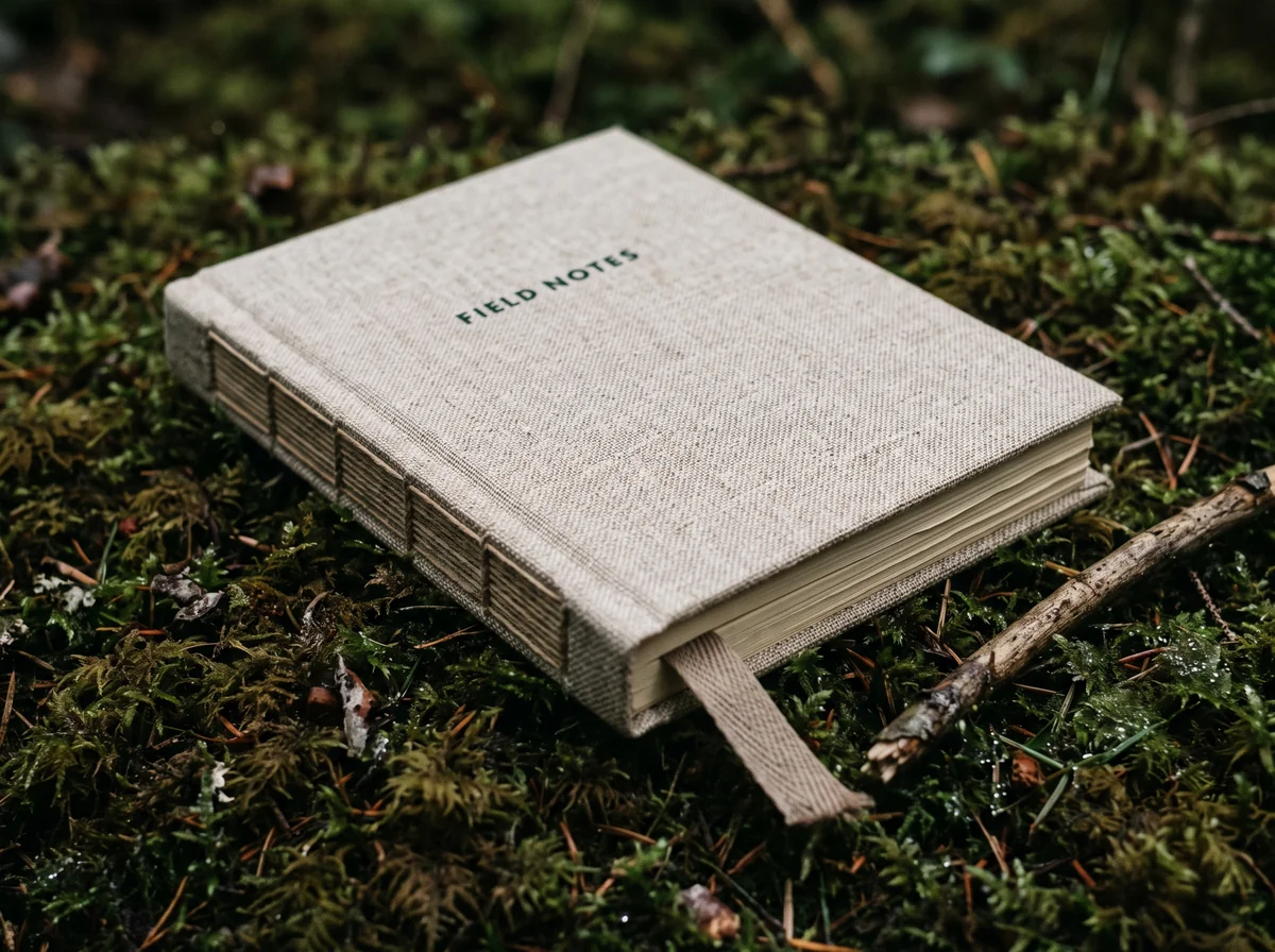 FIELD NOTES lettering on a linen journal lying on moss made with Nano Banana 2.1