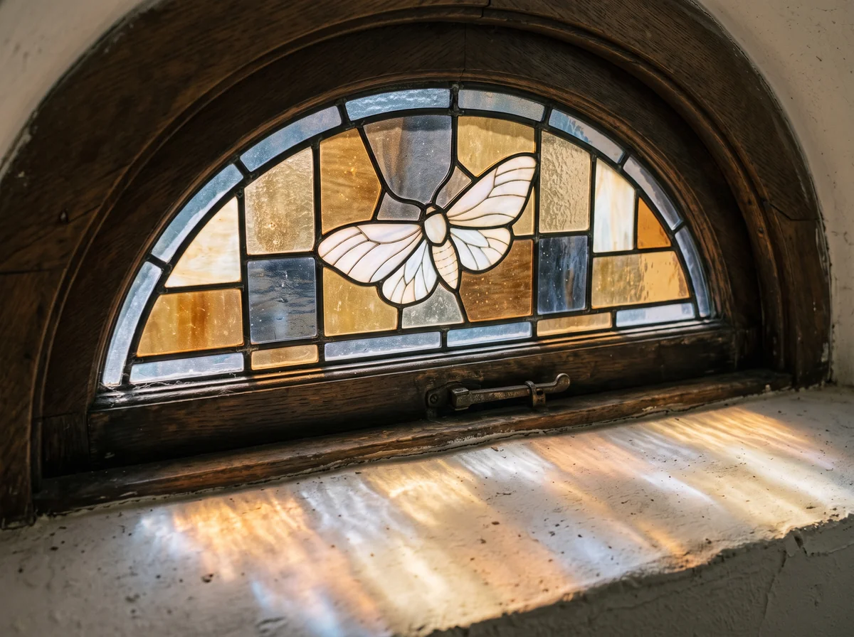 Amber and blue stained-glass moth transom casting light on a plaster sill made with Nano Banana 2.1