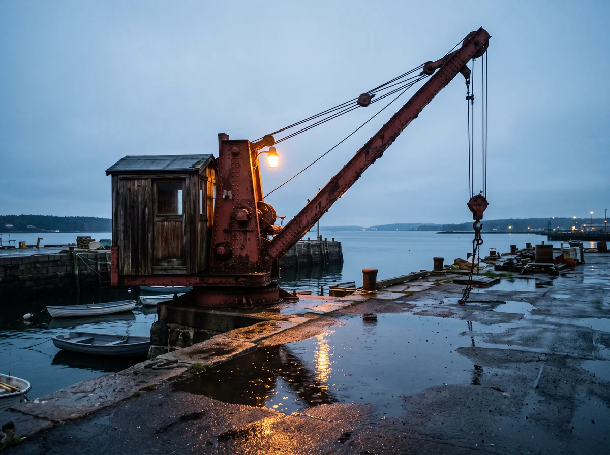 Riveted harbor crane lit by a warm lamp at blue hour made with Nano Banana 2.1