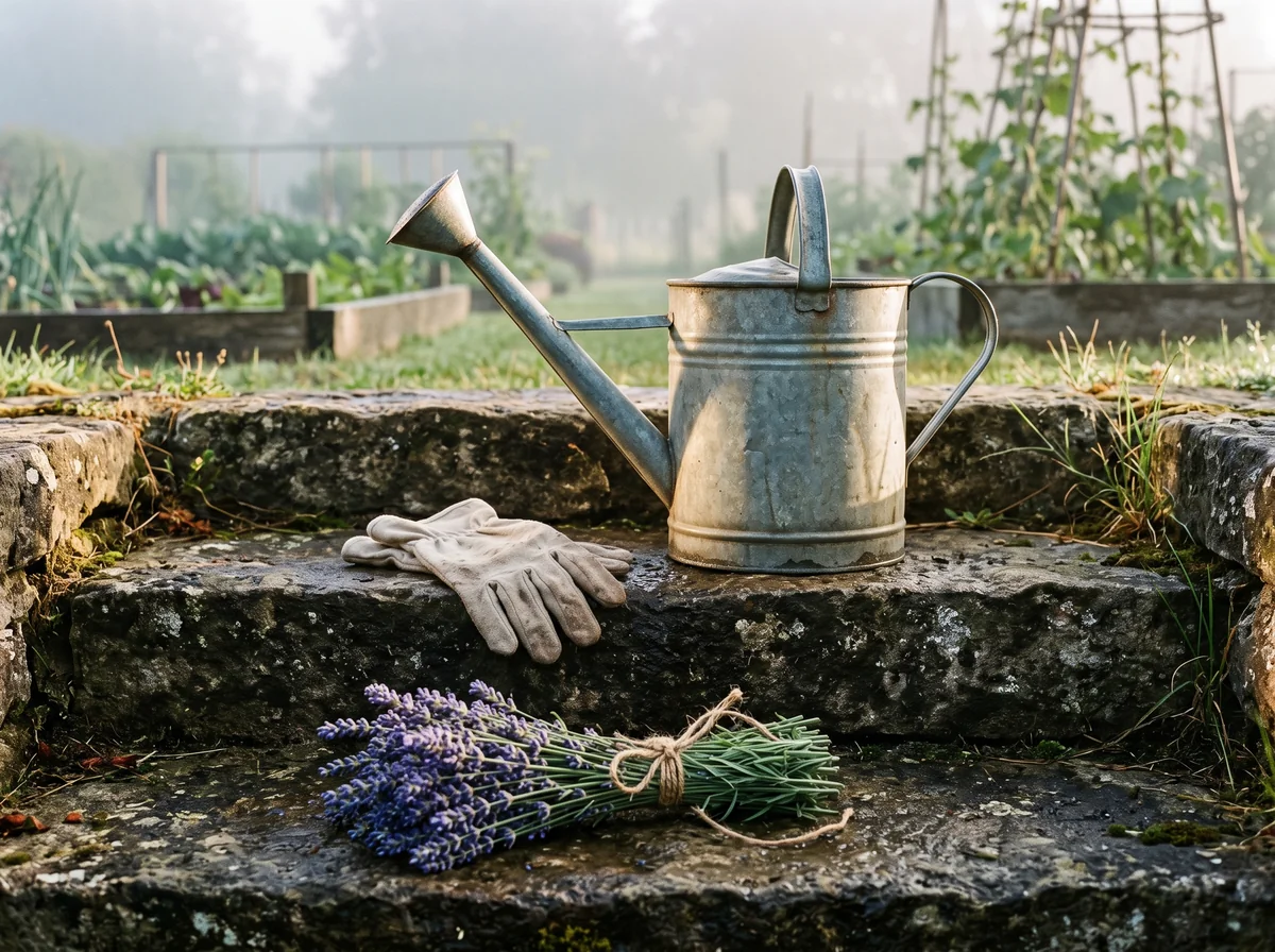 Galvanized watering can, gloves and lavender on garden stone steps made with Nano Banana 2.1