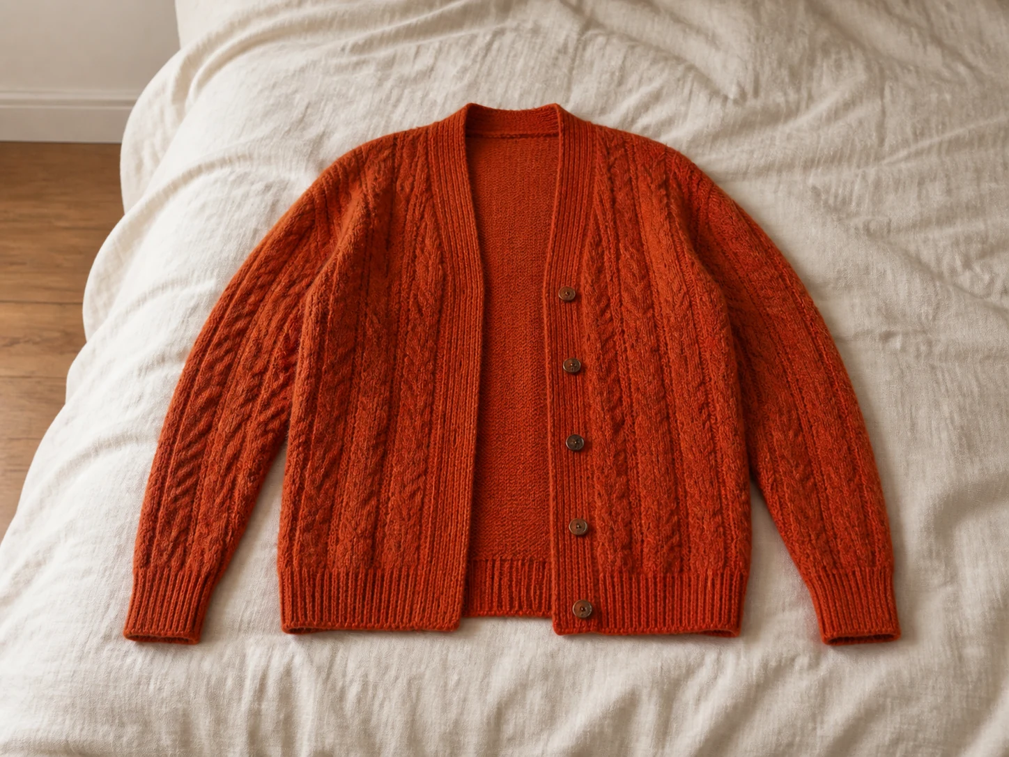 Vorher: Rostorangefarbene Zopfstrick-Strickjacke mit Holzknöpfen flach auf reinweißem Produktbild-Hintergrund