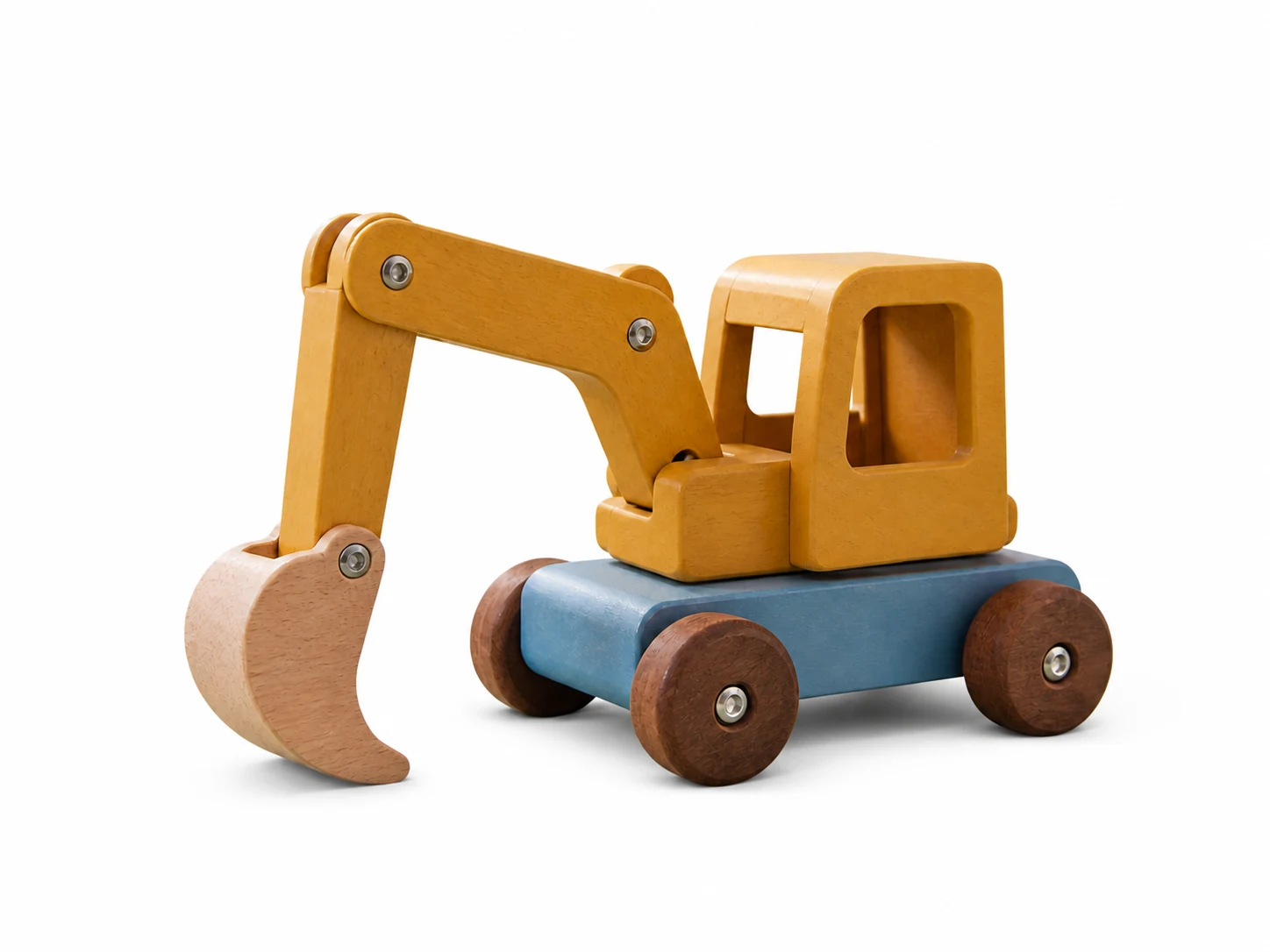 Nachher: Holzspielzeug-Bagger mit gelbem Arm, blauem Chassis und braunen Rädern auf reinweißem Hintergrund