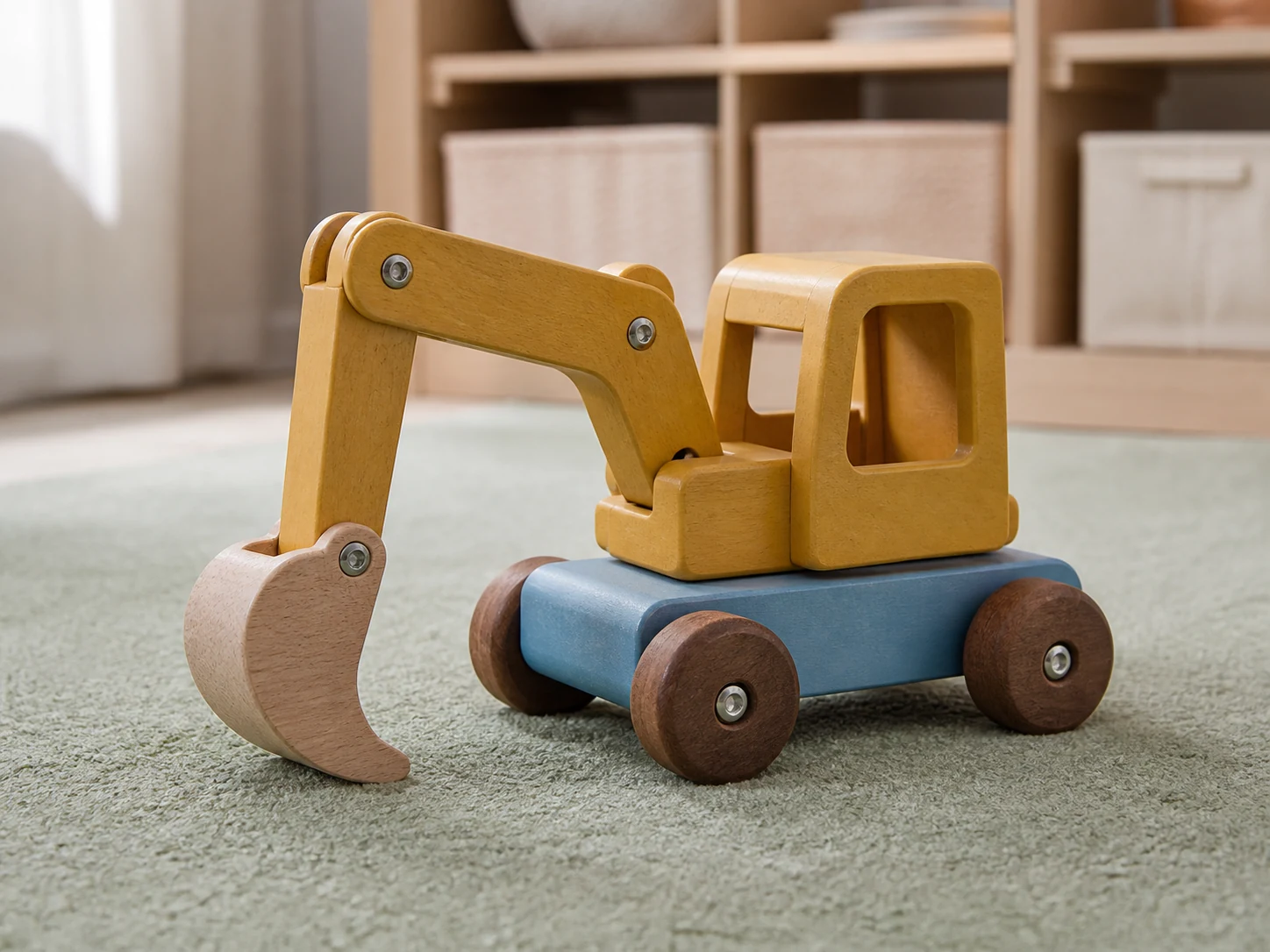 Vorher: Holzspielzeug-Bagger mit gelbem Arm, blauem Chassis und braunen Rädern auf reinweißem Hintergrund