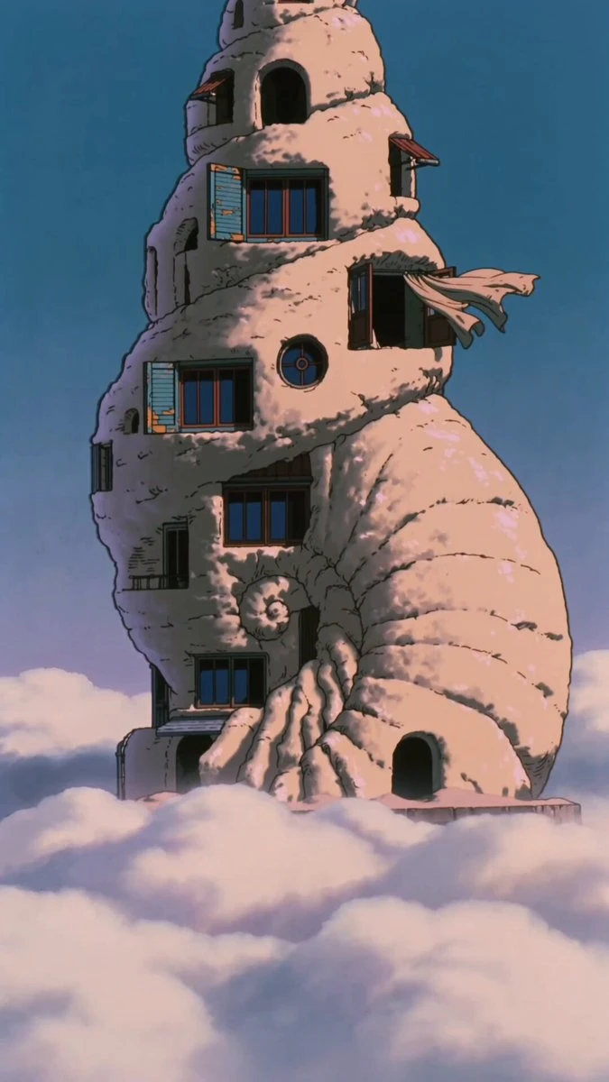 Anteprima del prompt video Seedance 2.0: Animazione di una torre a conchiglia in stile anime rétro anni '90
