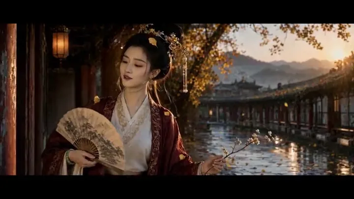 Ancient Chinese woman stands in a glowing palace corridor with falling leaves