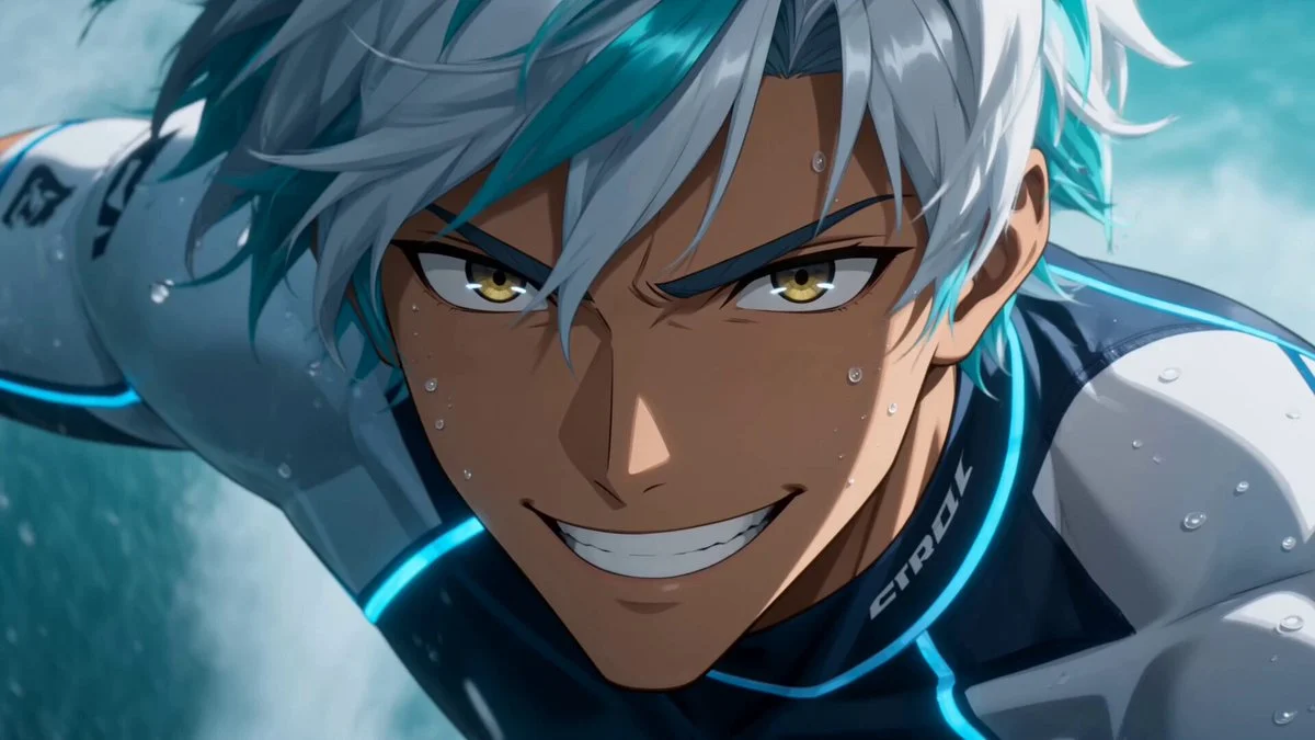Anime surfer rides a towering ocean wave in an action scene