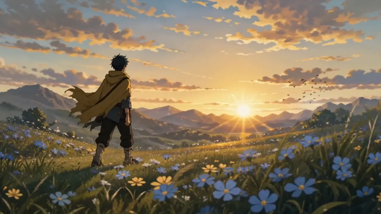 Anime traveler follows a map toward floating islands and ancient ruins