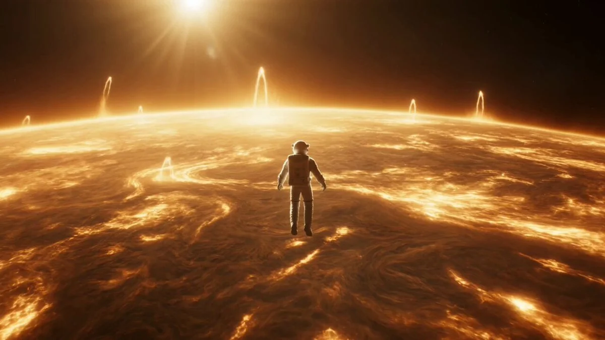 Astronaut transforms into a glowing solar being above a giant star