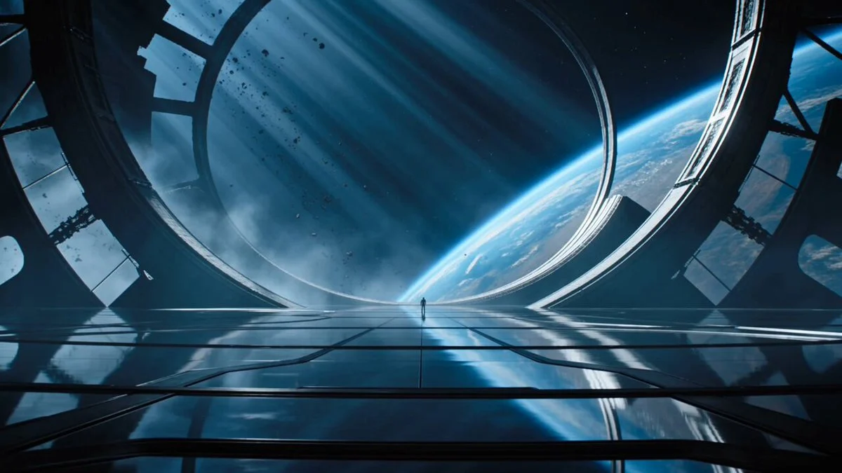 Astronaut explores an abandoned orbital megastructure above a blue planet