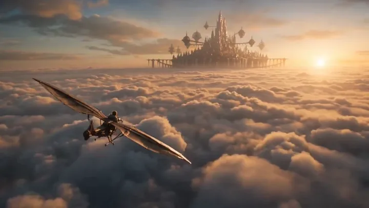 Sky courier glides above clouds toward a floating fantasy city at sunrise