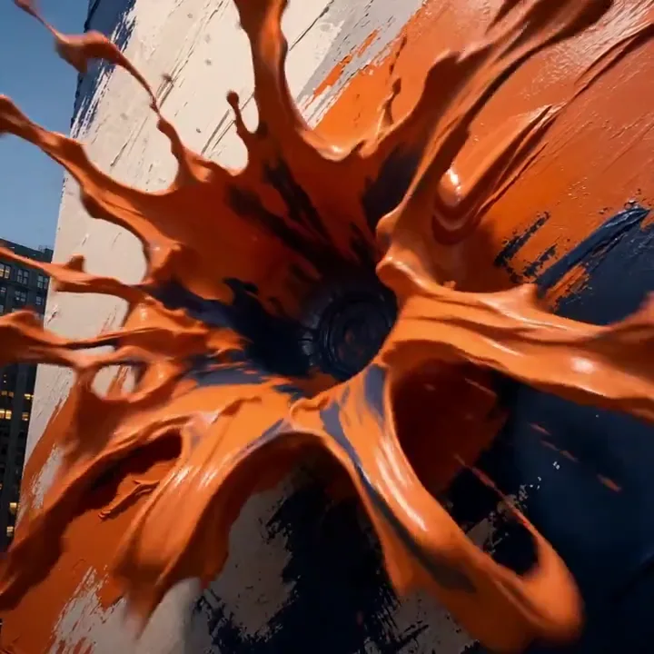 Urban billboard paint turns into flowing liquid sheets and brushstrokes