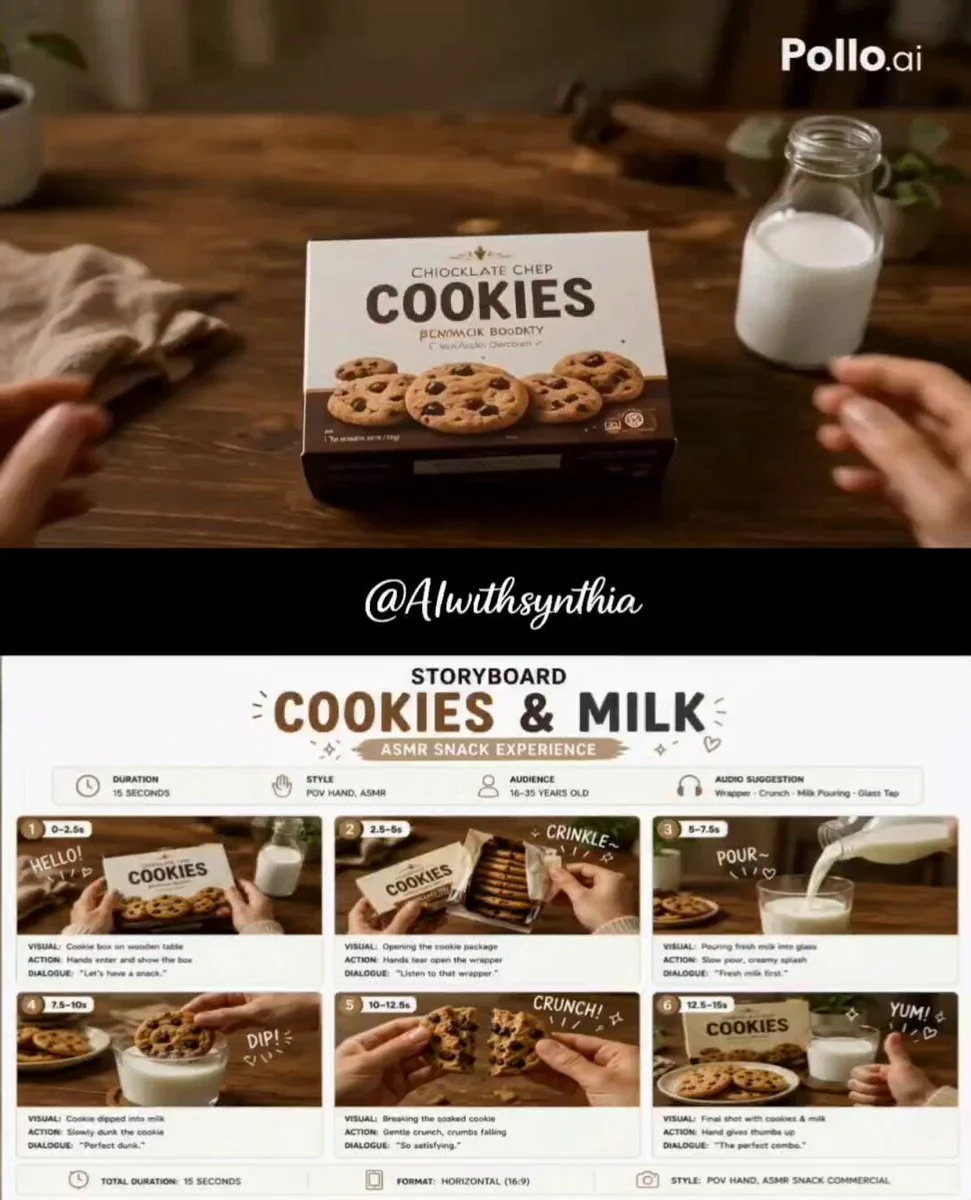Seedance 2.0 video preview showing cookies and milk asmr ad