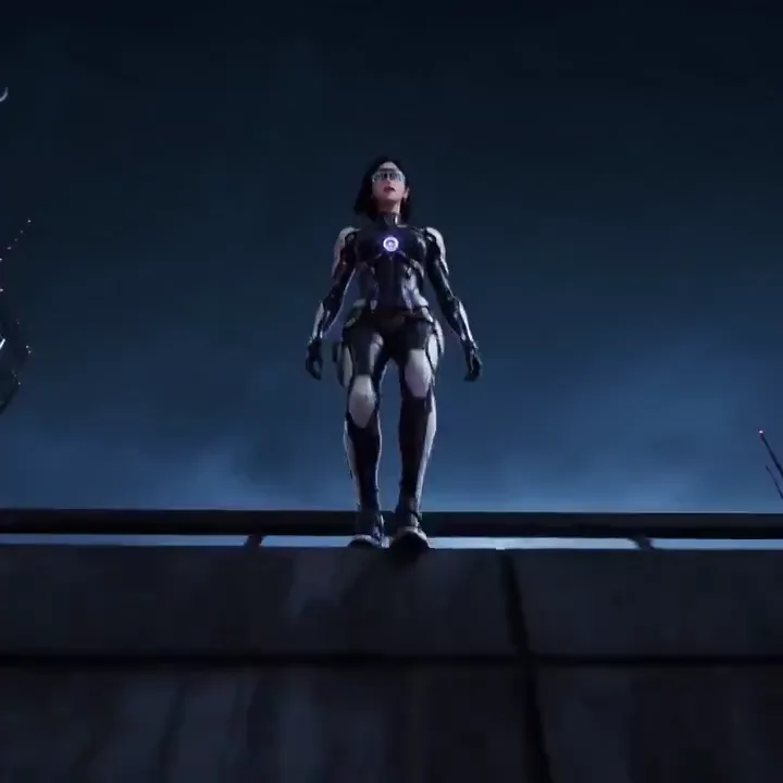 Cyberpunk operative performs a neon-lit rooftop parkour leap