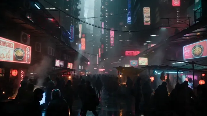 Masked courier moves through a neon underground market toward a glowing machine shrine