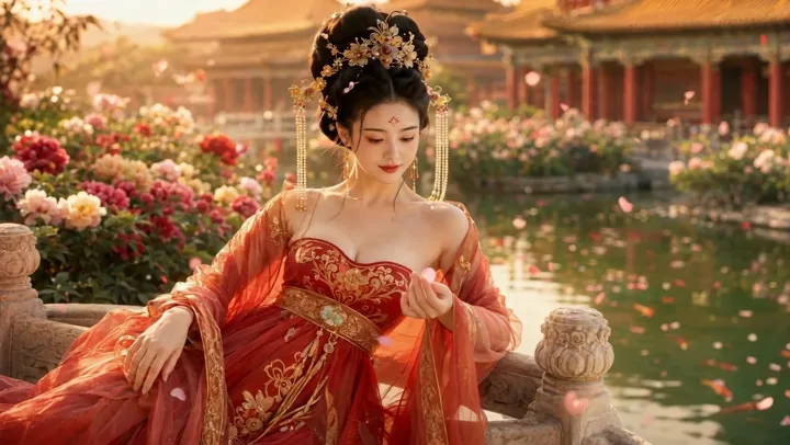 Ancient Chinese palace beauty moves gracefully among flowers at sunset